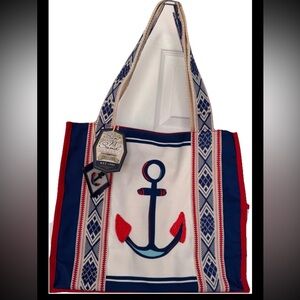 Sun ‘N' Sand Canvas Tote JB140 Anchor Nautical Red White Blue Lined 15x13x6 NEW
